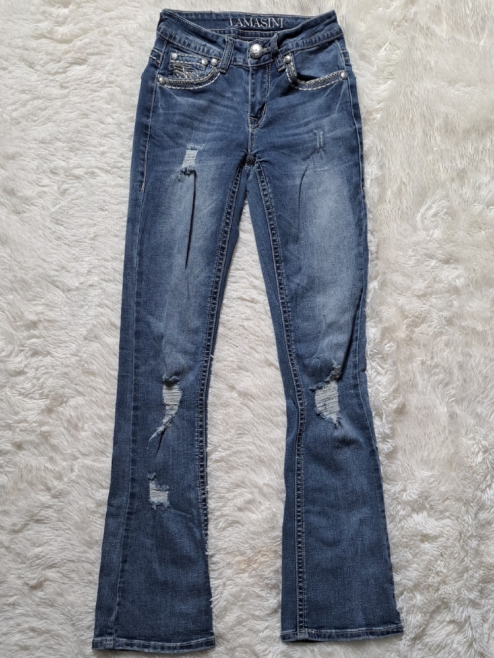 👖 VTG Y2K Lamasini Bling Wing Bootcut Jeans Womens Size 24 (00/XS).